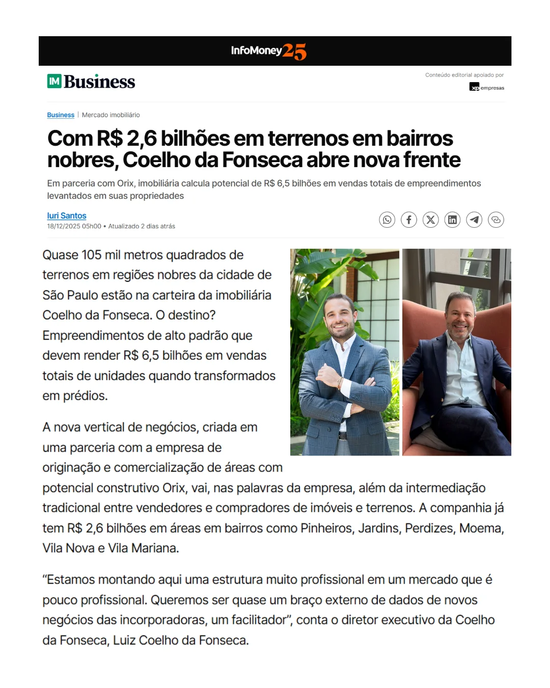 InfoMoney: Com R$ 2,6 bilhões em terrenos em bairros nobres, Coelho da Fonseca abre nova frente